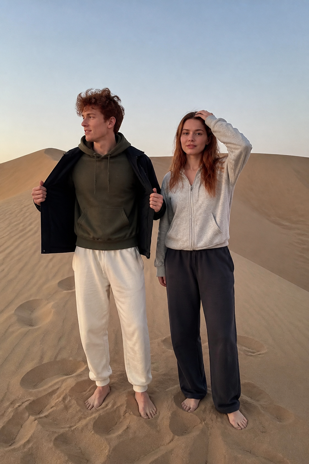 Two people standing barefoot on a sand dune at dusk